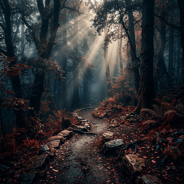 A path through dense forest with shafts of light